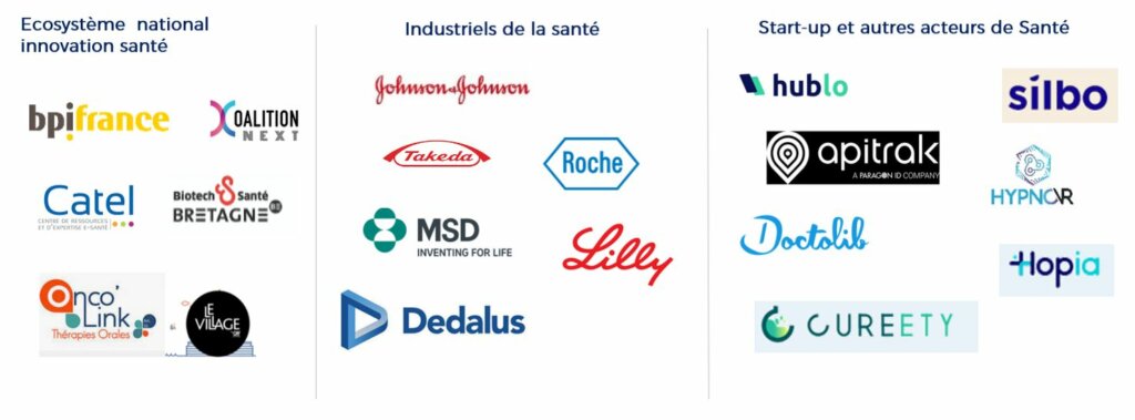 Liste de nos partenaires : BPIfrance, Coalition Next, Biotech Santé Bretagne, Catel, Onco' Link, Johnson et Johnson, Roche, Lilly, MSD, Takeda, Norgine, Doctolib, GutyCare, Hublo, Hopia, Cureety, Ehtrace, Silbo, apitrak